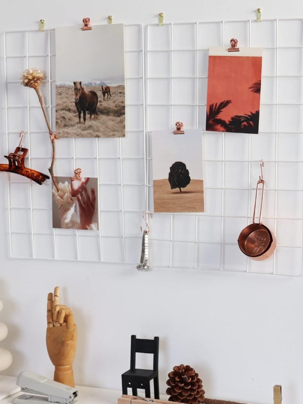 Wall Grid Panel for Photo Display,Wall Storage Organizer,5 Metal Clips & 3 S Hoo